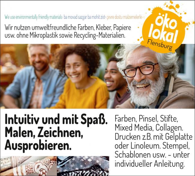 Intuitiv und mit Spaß. Malen, Zeichnen, Ausprobieren. Farben, Pinsel, Stifte, Mixed Media, Collagen. Drucken z.B. mit Gelplatte oder Linolium. Stempel, Schablonen usw. - unter individueller Anleitung.